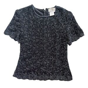 Papell Boutique Evening Women Large Black 100% Silk Beaded Floral Pattern Blouse